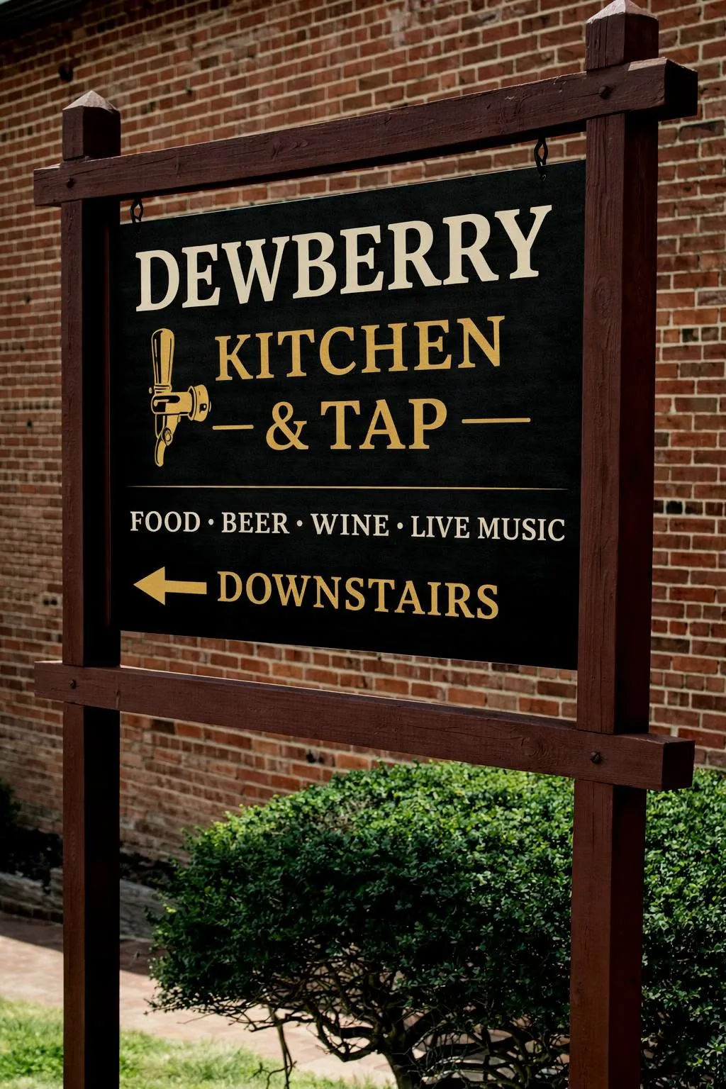 Dewberry Kitchen & Tap sign — Food, Beer, Wine, Live Music, Downstairs